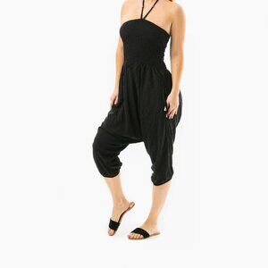 Key West Convertible Romper Cotton Tie Neck Pockets Travel Outdoor Black